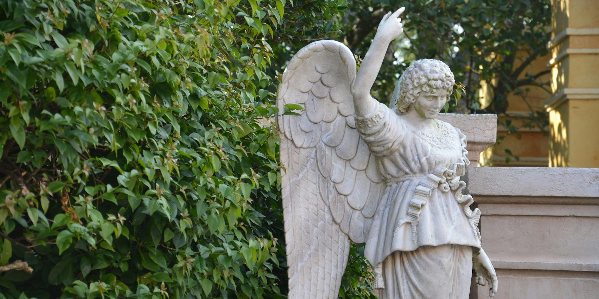 Cover image for this post: A stone angel, with greenery to the left.