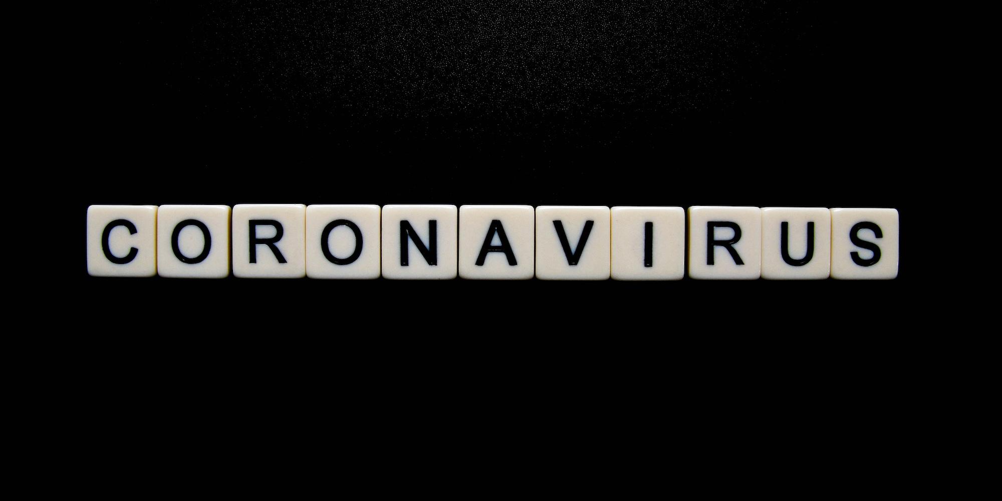 Cover image for this post: The word Coronavirus in letter tiles, on a black background.