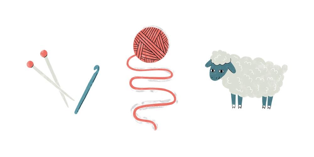 Cover image for this post: Three illustrations side by side; A pair of knitting needles and crochet hook, a ball of yarn, and a sheep.